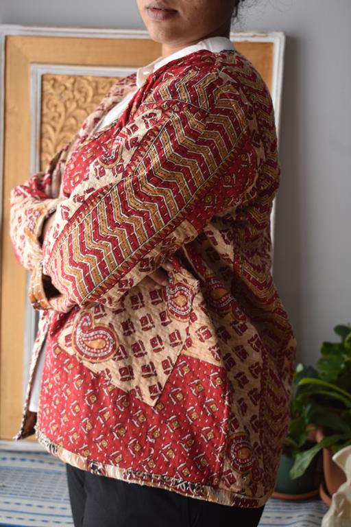 Vintage Thrift Reversible Kantha Jacket: Sustainable Outerwear from Upcycled Recycled Sarees -Thin - Indianidhi