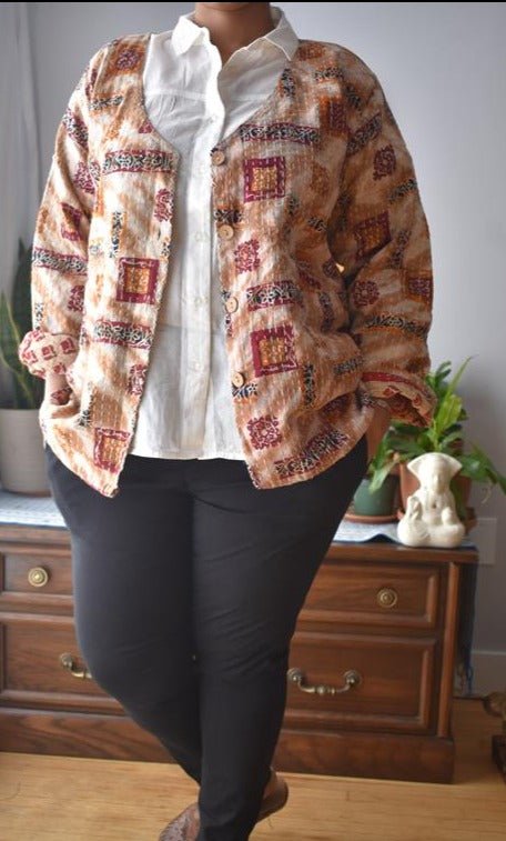 Vintage Thrift Reversible Kantha Jacket: Sustainable Outerwear from Upcycled Recycled Sarees -Thin - Indianidhi