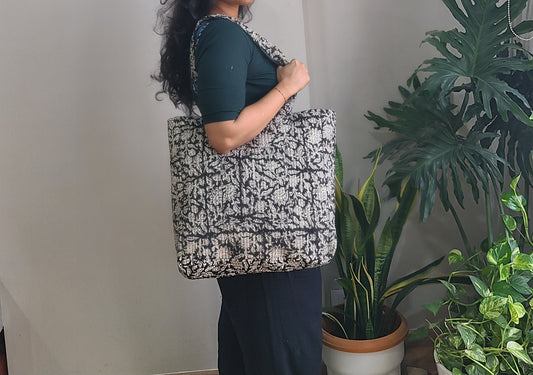 Reversible Quilted Tote bag- Handblock printed