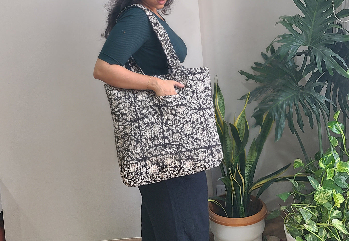 Reversible Quilted Tote bag- Handblock printed