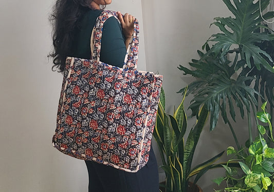 Reversible Quilted Tote bag- Handblock printed