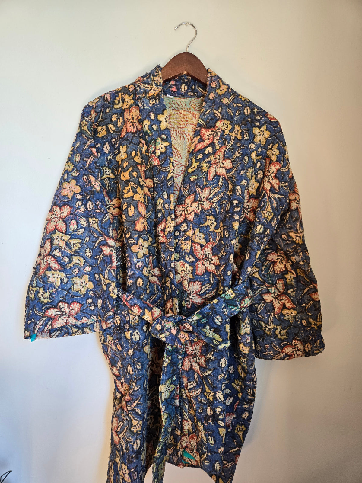 Vintage Kantha, Kalamkari ,Blue floral design, Kimono jacket