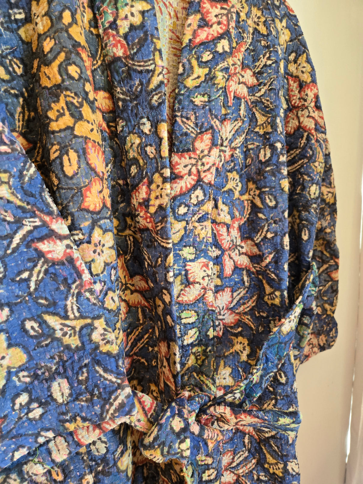 Vintage Kantha, Kalamkari ,Blue floral design, Kimono jacket