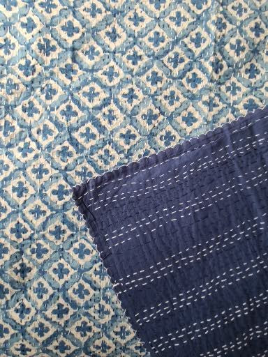 Hand Block Printed Indigo Kantha Quilt: Artisanal