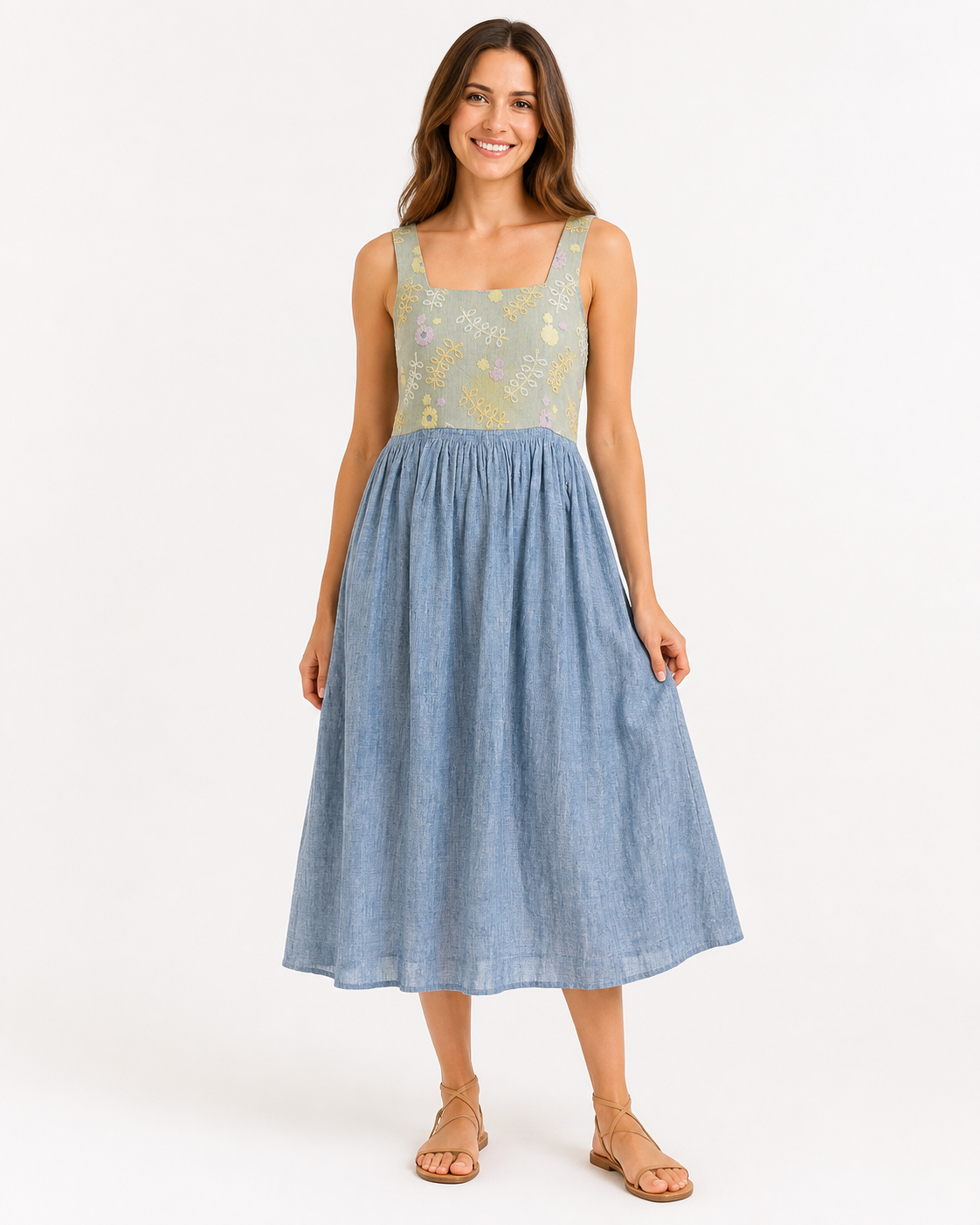 Eco friendly dress with pocket , Light indigo , handwoven cotto fabric with hand embroidery