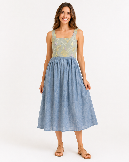 Eco friendly dress with pocket , Light indigo , handwoven cotto fabric with hand embroidery