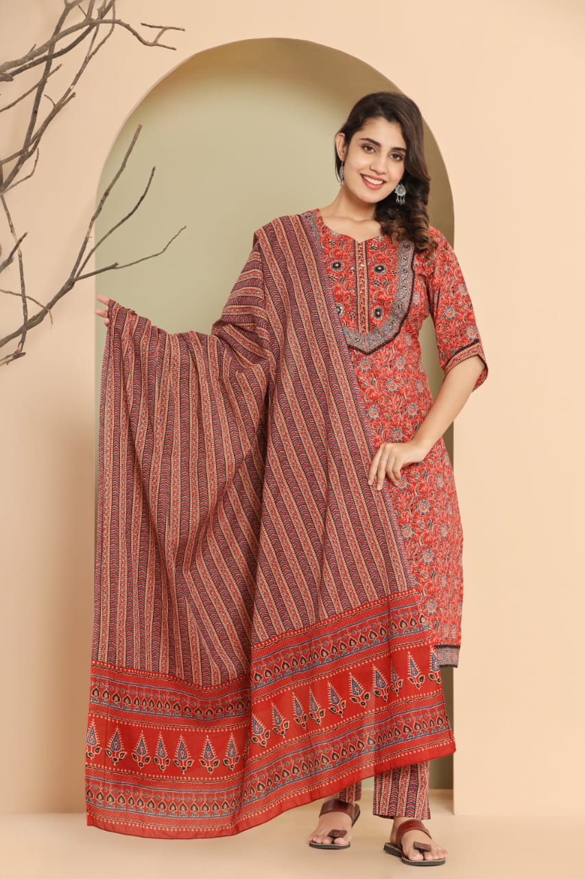 Women's block printed Kurta Pant and dupatta