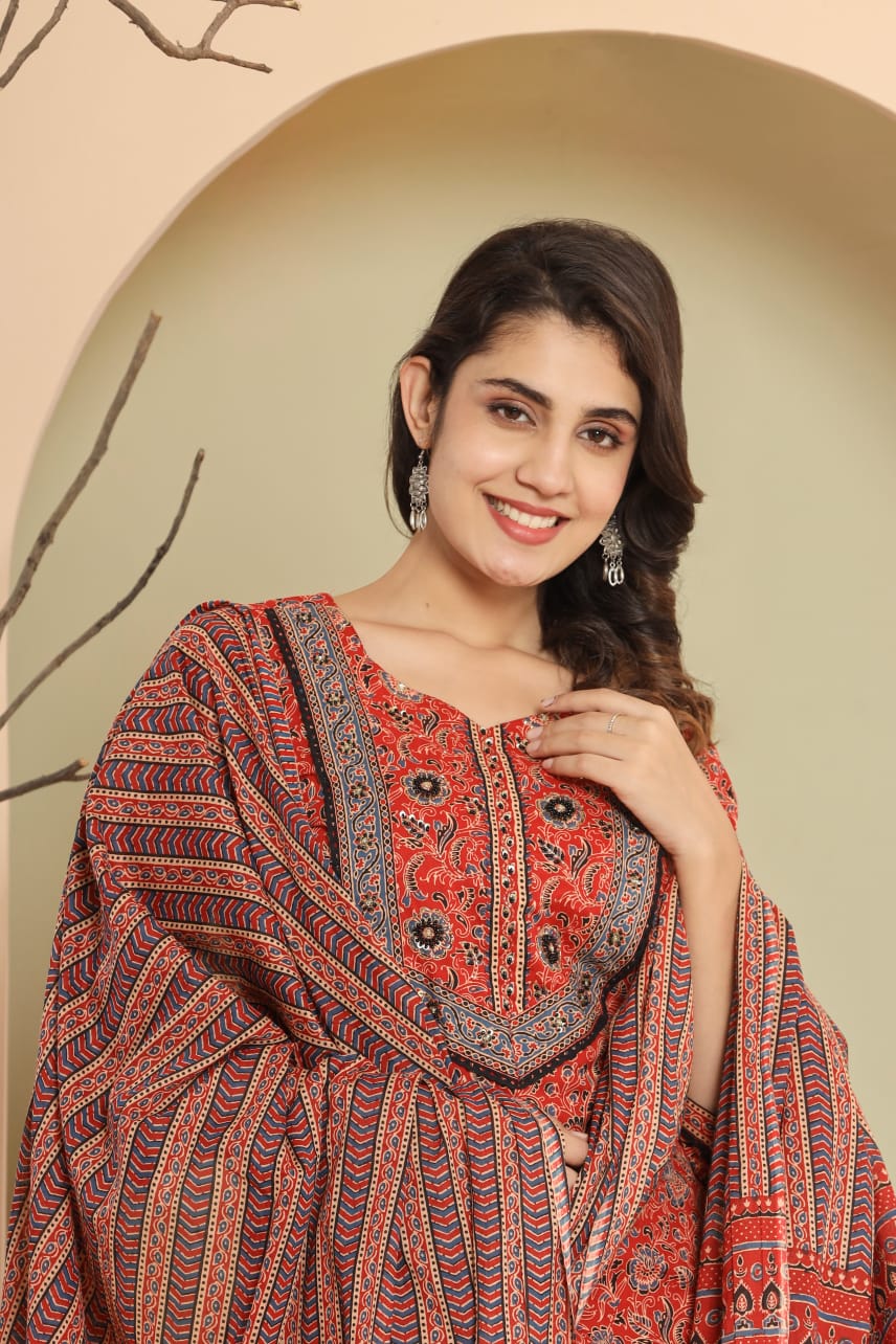 Women's block printed Kurta Pant and dupatta