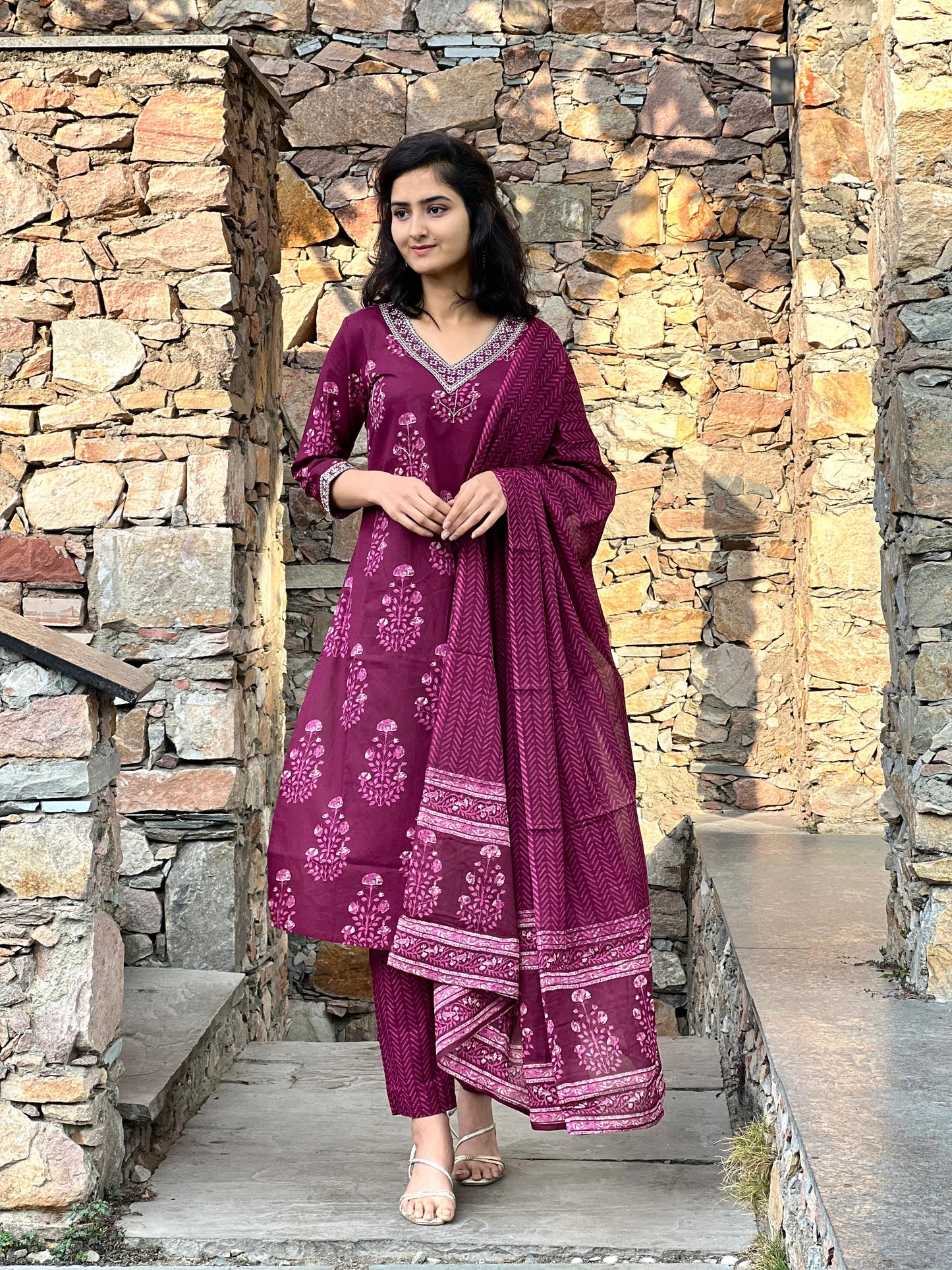 Women's block printed Kurta Pant and dupatta