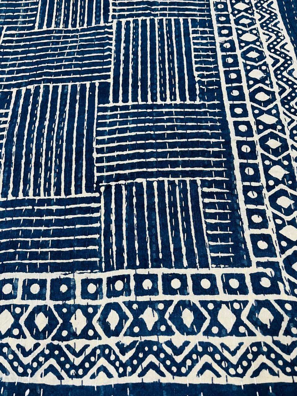 Hand Block Printed Indigo Kantha Quilt: Artisan Craftsmanship at Its Finest - Indianidhi