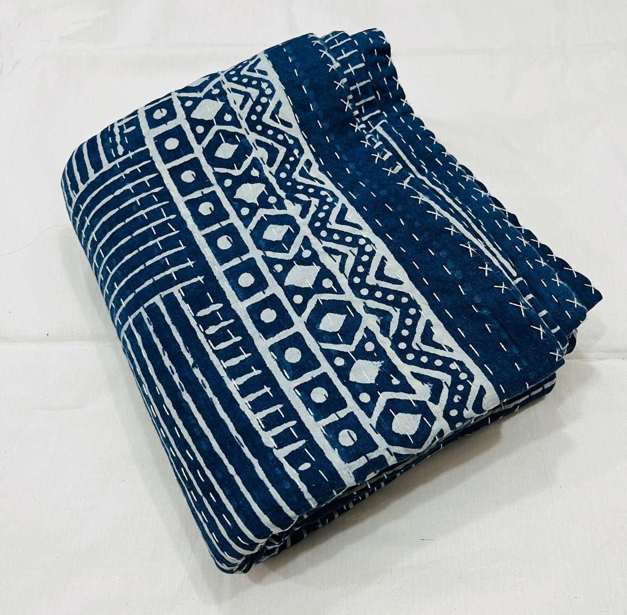 Hand Block Printed Indigo Kantha Quilt: Artisan Craftsmanship at Its Finest - Indianidhi