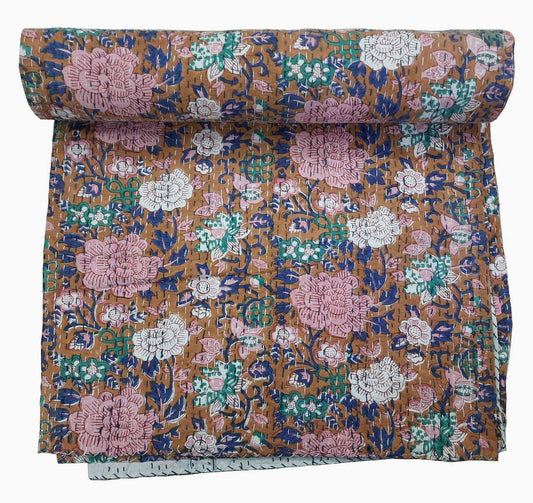 Hand Block Printed Kantha Quilt: Artisan Craftsmanship at Its Finest - Indianidhi