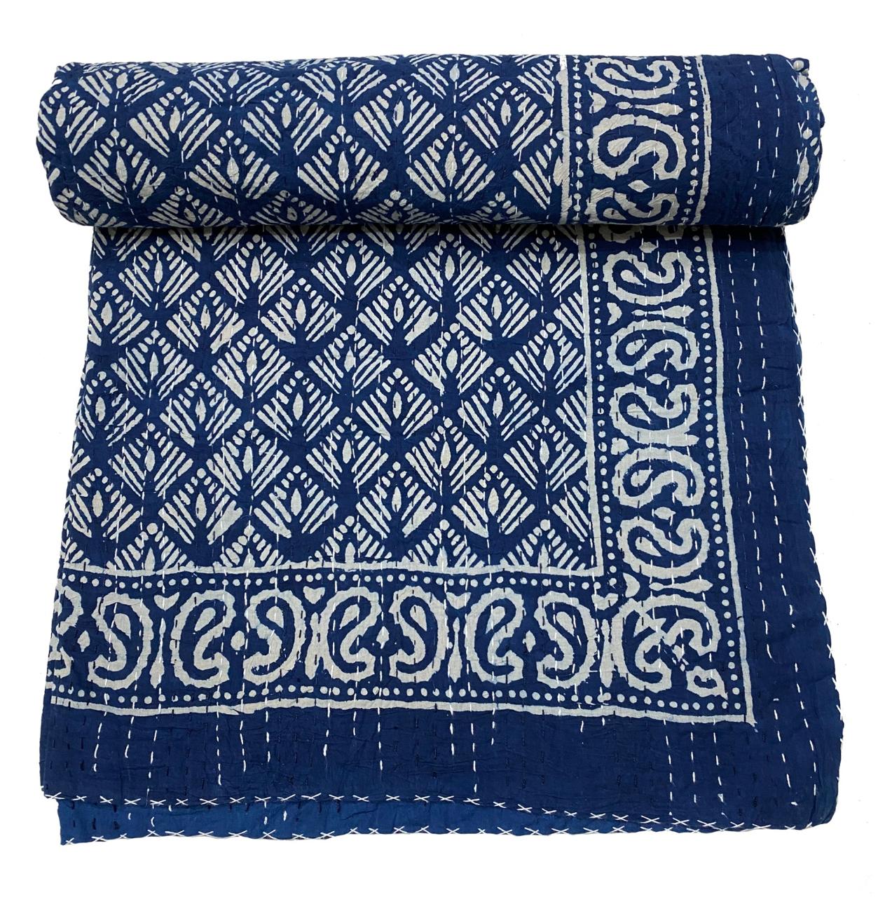 6 Hand block printed Kantha Quilt ( 108" x 90") 2 indigo , 2 white chakra, rest 1 each