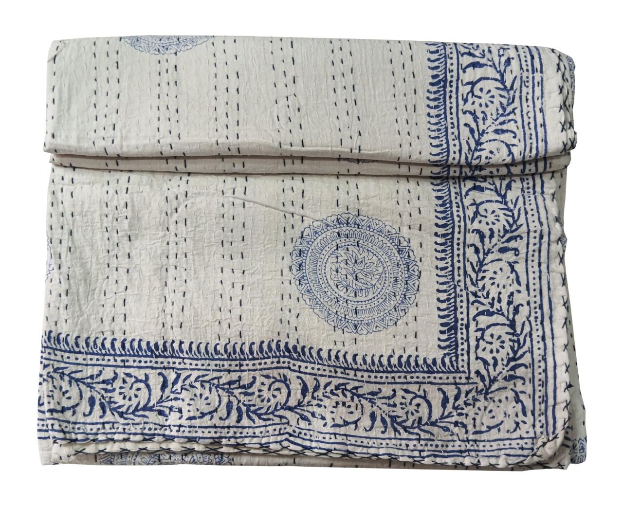 6 Hand block printed Kantha Quilt ( 108" x 90") 2 indigo , 2 white chakra, rest 1 each