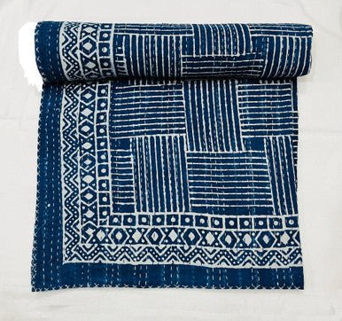 Hand Block Printed Indigo Kantha Quilt: Artisan Craftsmanship at Its Finest - Indianidhi