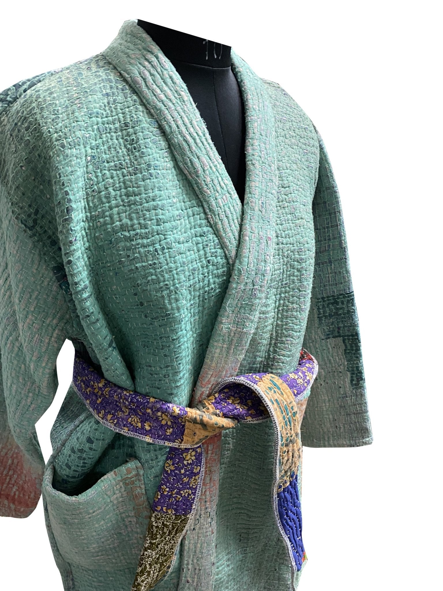Vintage Thrift Kantha Jacket: Sustainable Outerwear from Upcycled Recycled Sarees - Indianidhi