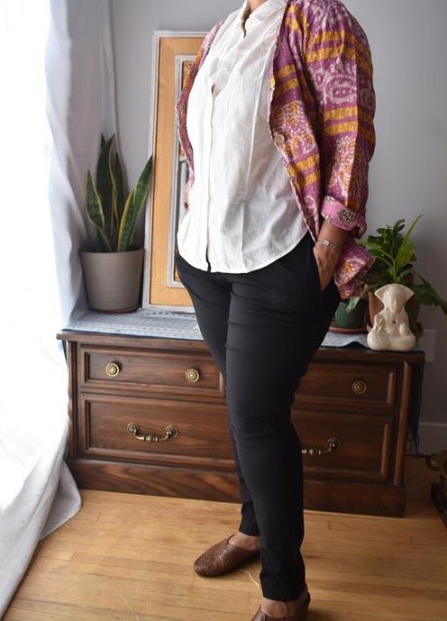 Vintage Thrift Kantha Jacket: Sustainable Outerwear from Upcycled Recycled Sarees -Thin - Indianidhi