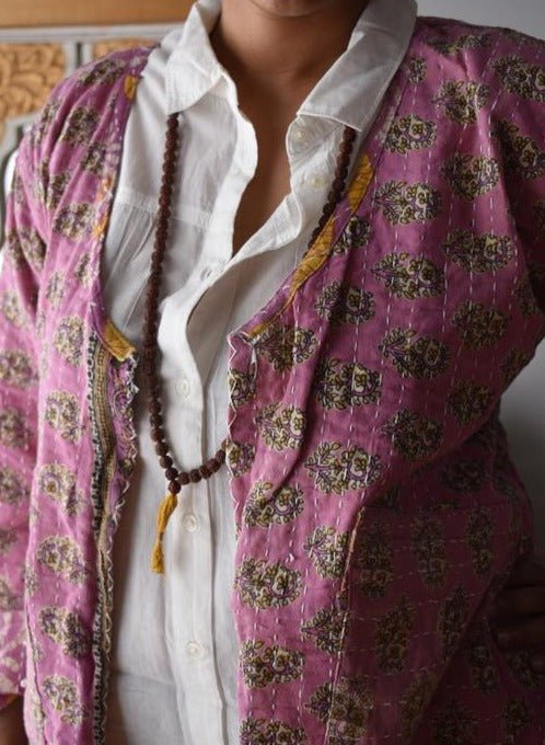 Vintage Thrift Kantha Jacket: Sustainable Outerwear from Upcycled Recycled Sarees -Thin - Indianidhi