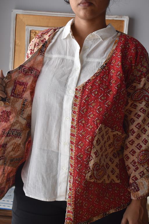 Vintage Thrift Reversible Kantha Jacket: Sustainable Outerwear from Upcycled Recycled Sarees -Thin - Indianidhi
