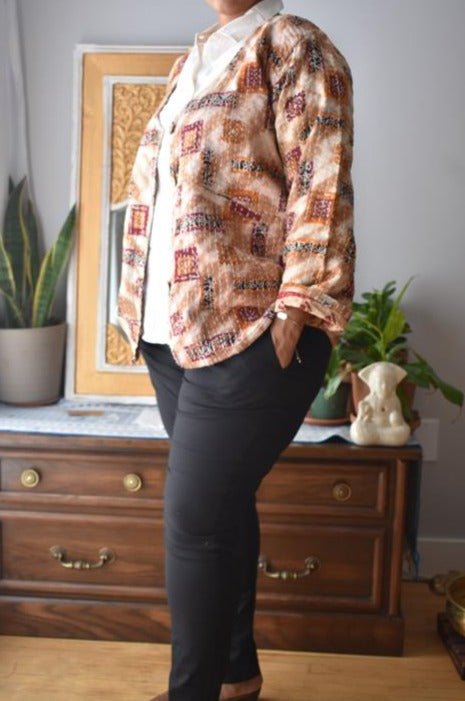 Vintage Thrift Reversible Kantha Jacket: Sustainable Outerwear from Upcycled Recycled Sarees -Thin - Indianidhi