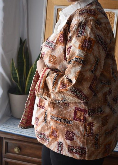 Vintage Thrift Reversible Kantha Jacket: Sustainable Outerwear from Upcycled Recycled Sarees -Thin - Indianidhi